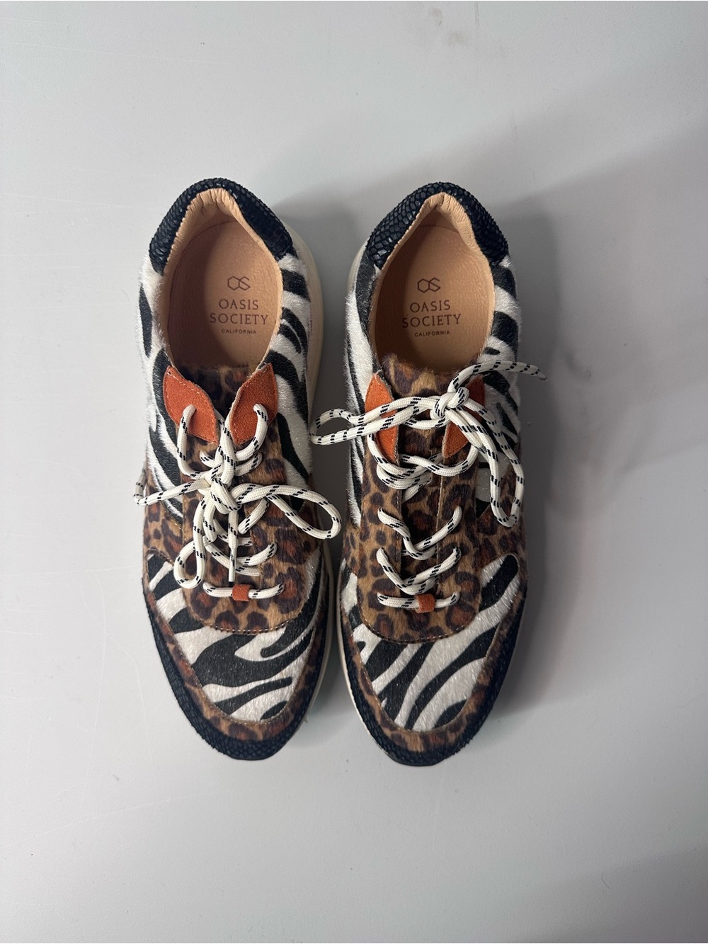 Society Mixed Animal Print Sneakers in Black/White/Brown with Orange Accent